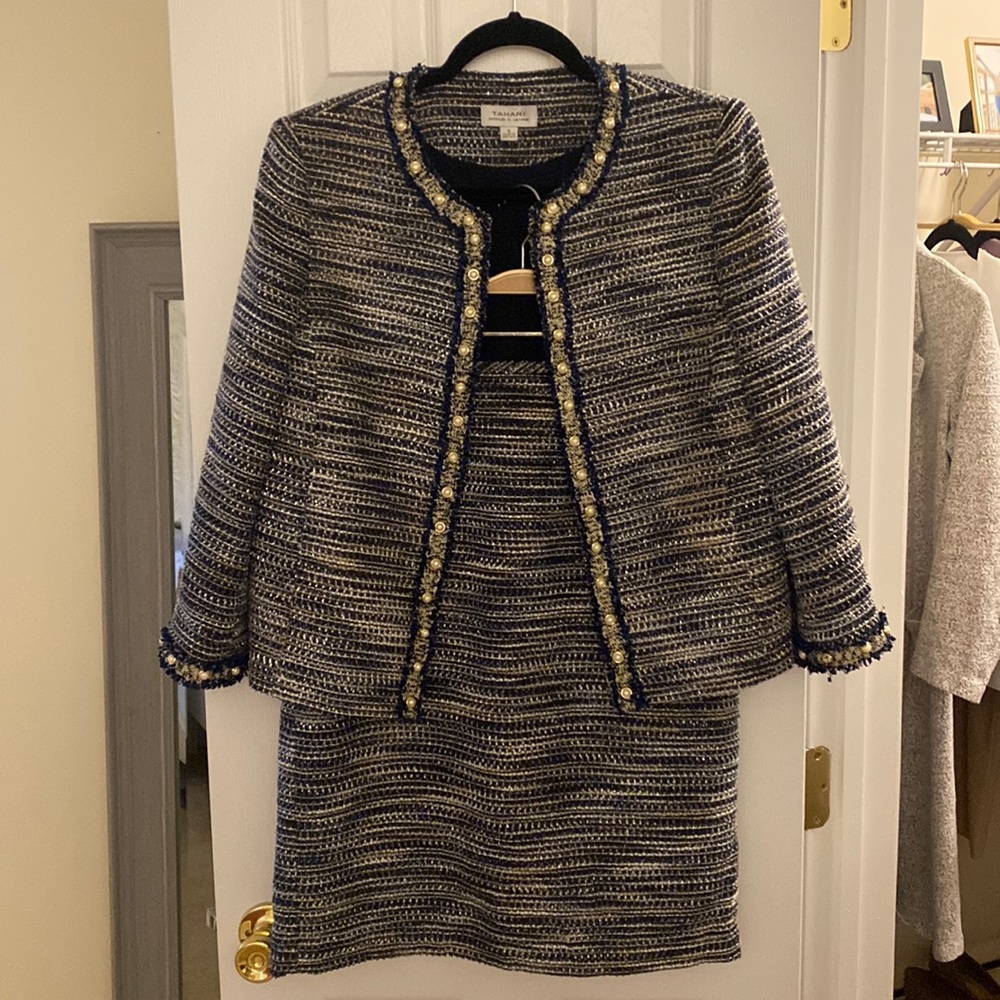 Tahari ASL Multi-Blue Sparkle Tweed Skirt Suit